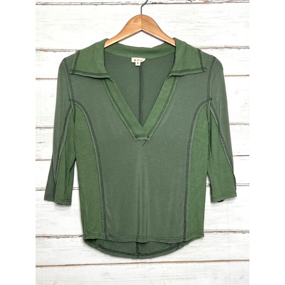 POL Green V Neck Top Small 3/4 Sleeve Layered Raw Edge Boho